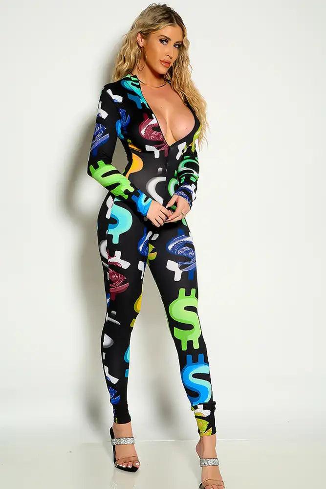 Black Multi Long Sleeve Dollar Sign Front Zip Up Detail Jumpsuit - AMIClubwear