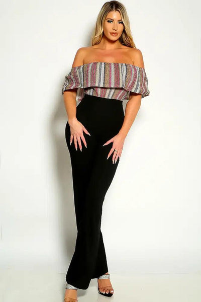 Black Multi Off The Shoulder Shimmer Detail Flared Jumpsuit - AMIClubwear