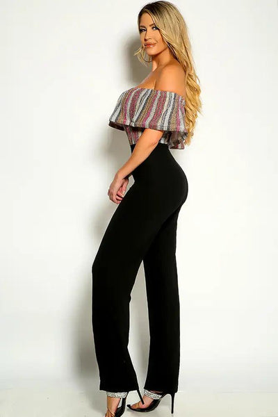 Black Multi Off The Shoulder Shimmer Detail Flared Jumpsuit - AMIClubwear