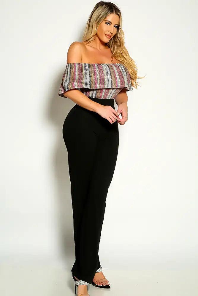 Black Multi Off The Shoulder Shimmer Detail Flared Jumpsuit - AMIClubwear