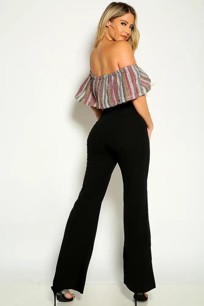 Black Multi Off The Shoulder Shimmer Detail Flared Jumpsuit - AMIClubwear