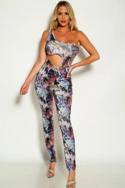 Black Multi One Shoulder Snake Print Two Piece Outfit - AMIClubwear