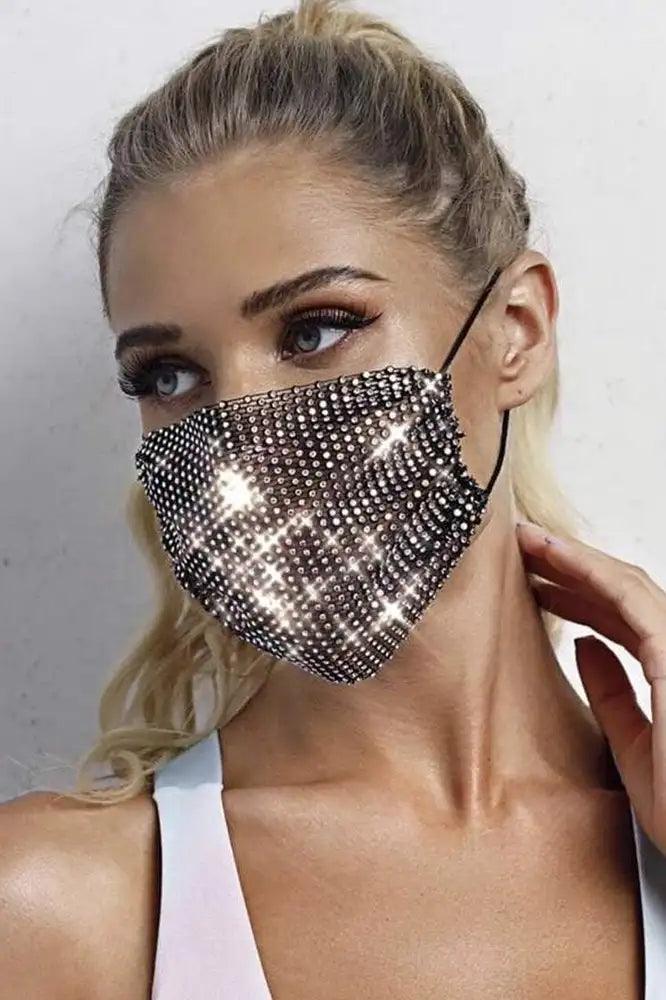 Black Multi Rhinestones Face Mask - AMIClubwear