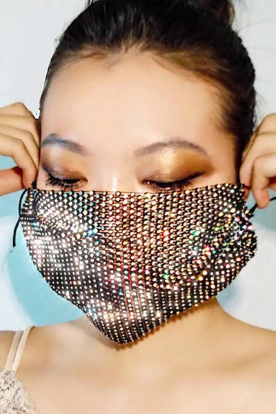 Black Multi Rhinestones Face Mask - AMIClubwear