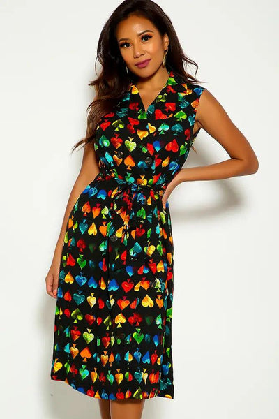 Black Multi Sleeveless Button Up Graphic Print Dress - AMIClubwear