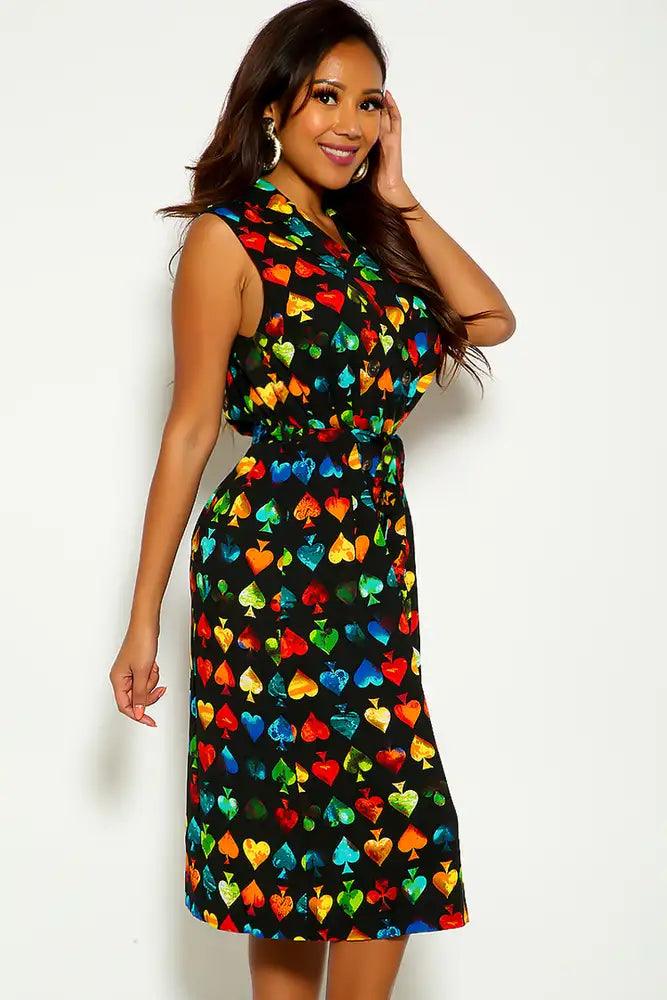 Black Multi Sleeveless Button Up Graphic Print Dress - AMIClubwear