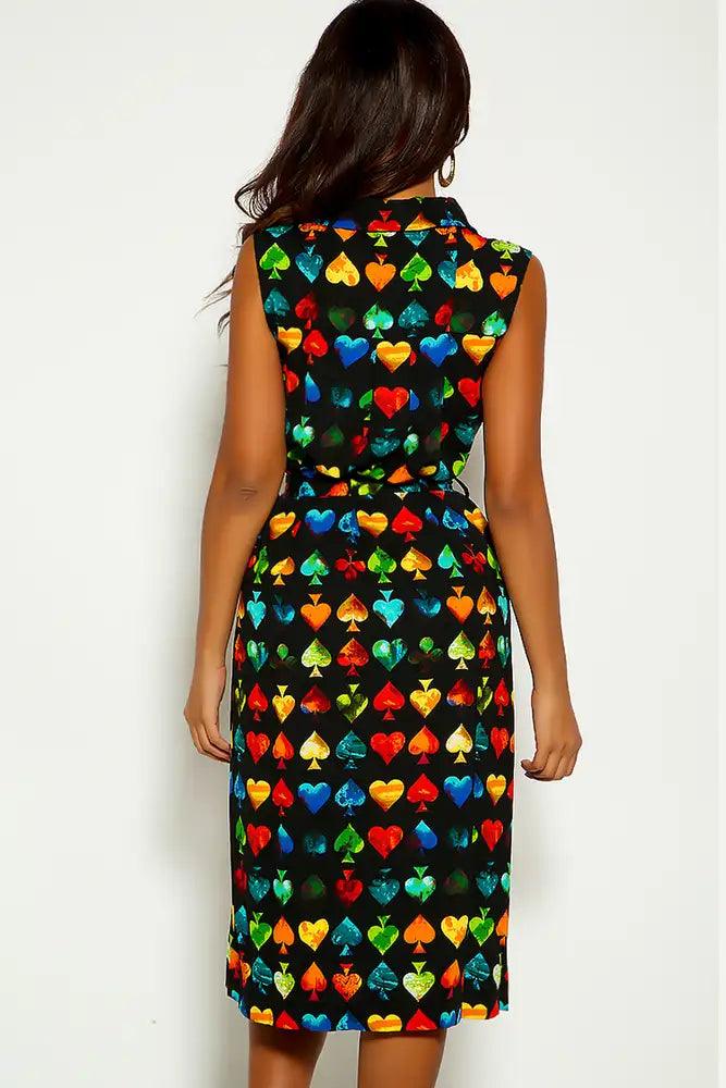 Black Multi Sleeveless Button Up Graphic Print Dress - AMIClubwear