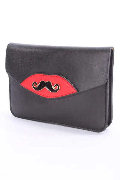 Black Mustache Pendant Faux Leather Clutch - AMIClubwear