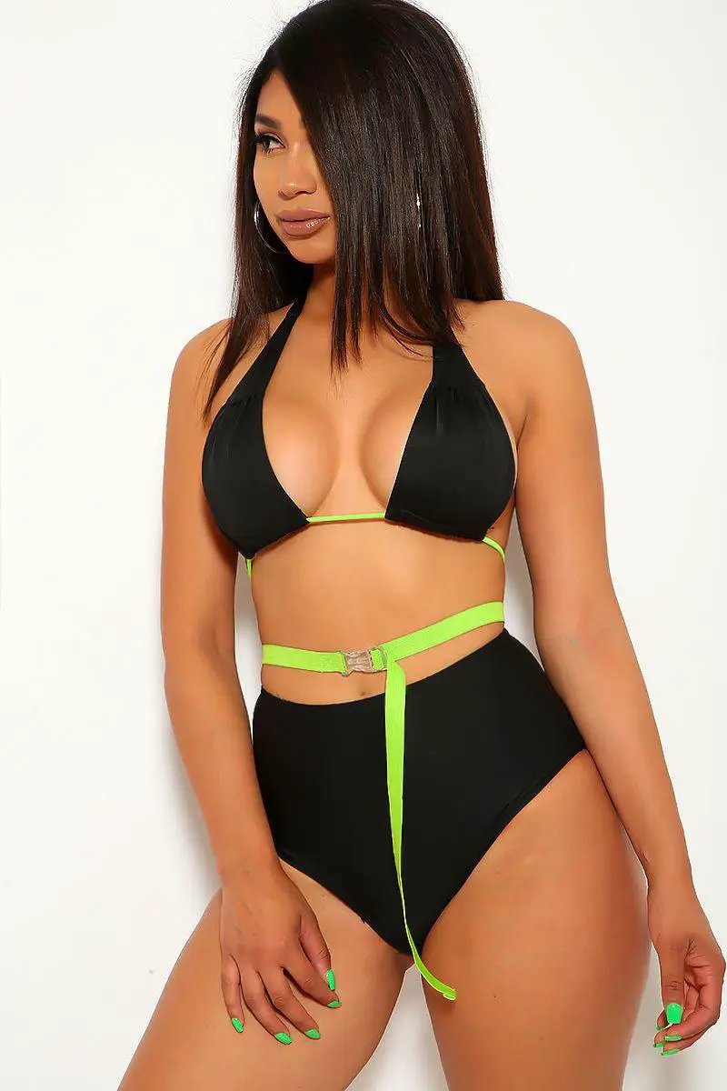 Black Neon Clear Belted Two Piece Swimsuit