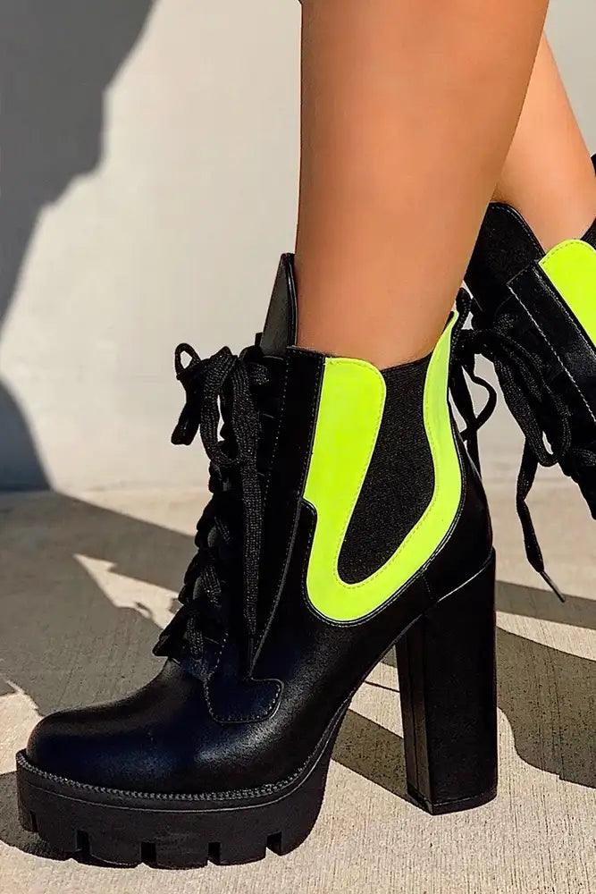 Black Neon Faux Leather Lace Up Platform Designer Booties - AMIClubwear