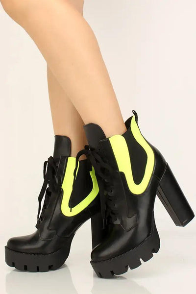 Black Neon Faux Leather Lace Up Platform Designer Booties - AMIClubwear