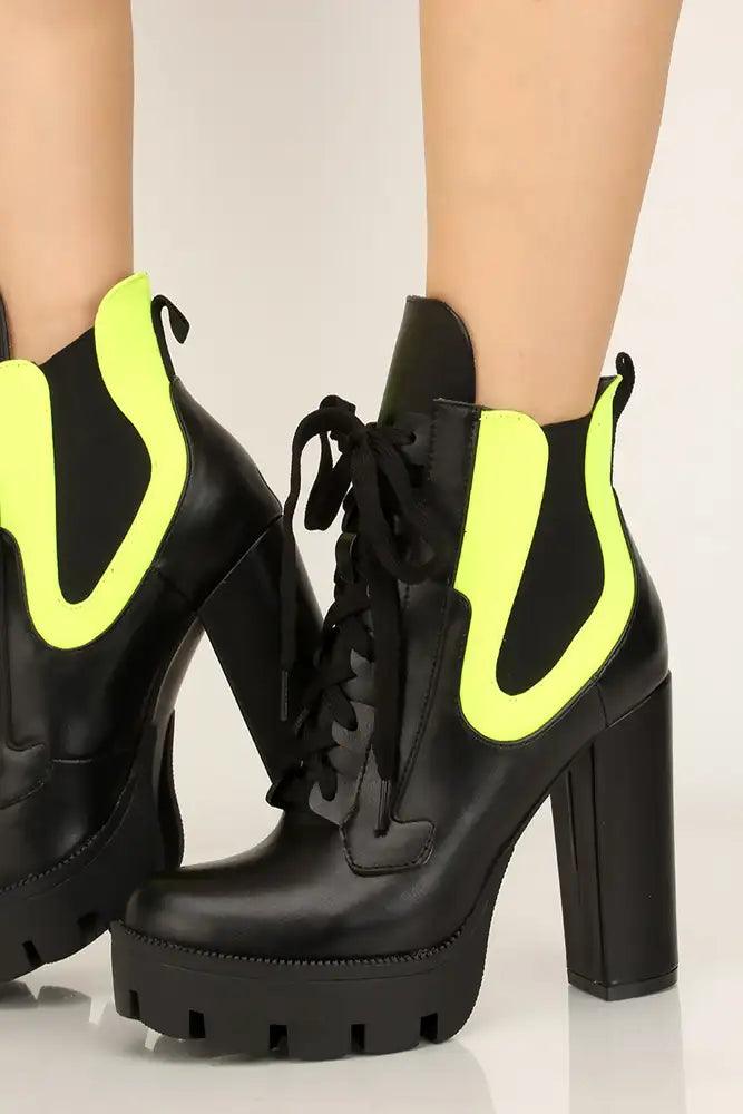 Black Neon Faux Leather Lace Up Platform Designer Booties - AMIClubwear