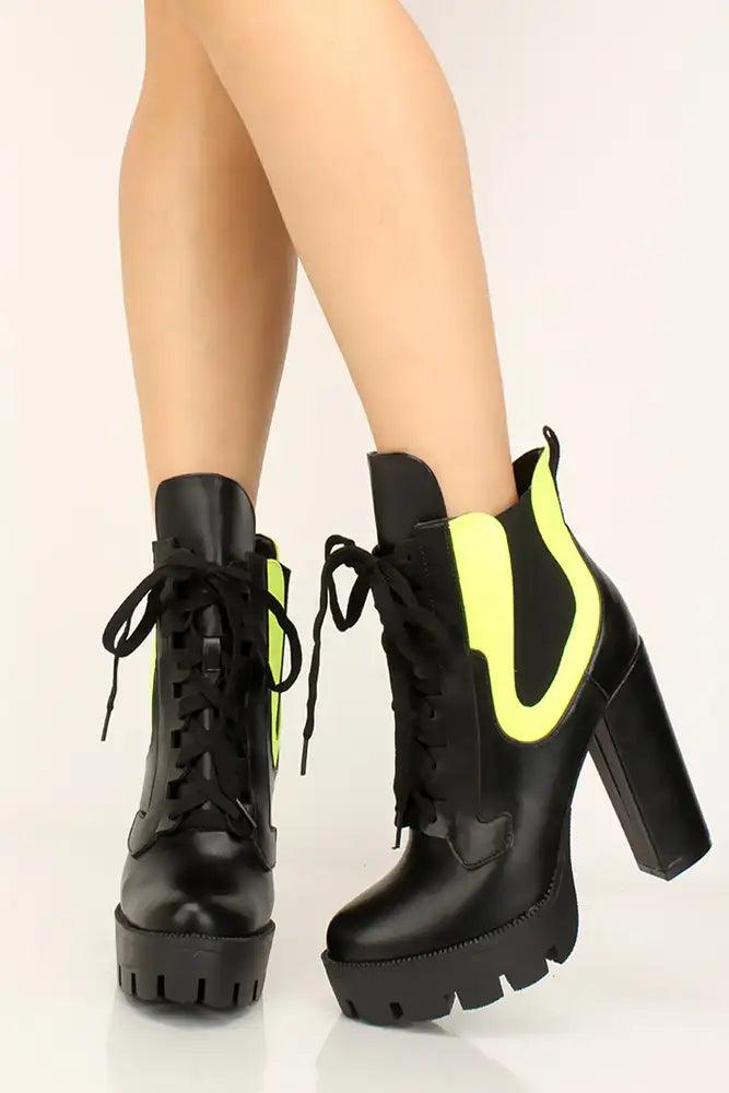 Black Neon Faux Leather Lace Up Platform Designer Booties - AMIClubwear