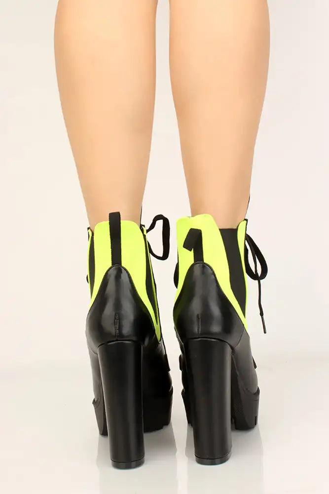 Black Neon Faux Leather Lace Up Platform Designer Booties - AMIClubwear