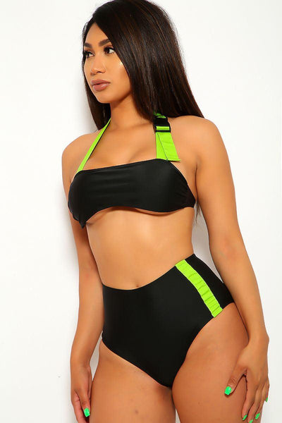 Black Neon Lime High Waist Two Piecen Swimsuit - AMIClubwear