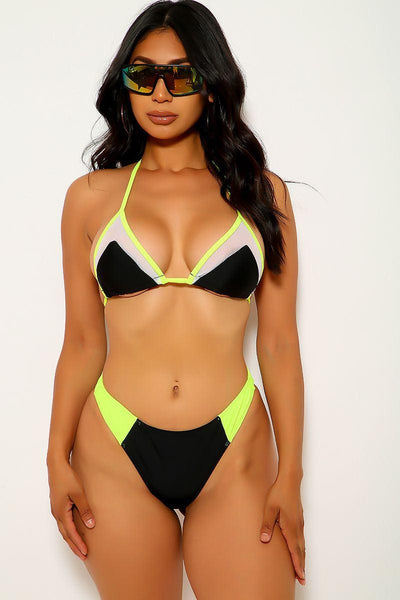 Black Neon Lime Mesh Two Piece Swimsuit - AMIClubwear