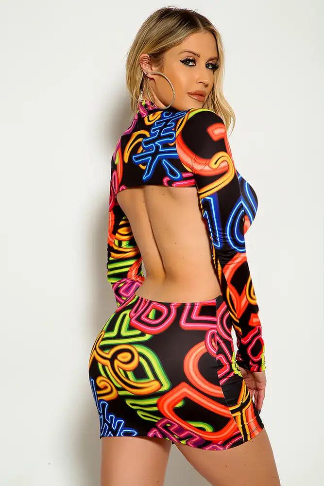 Black Neon Multi Long Sleeve Graphic Print party Dress - AMIClubwear