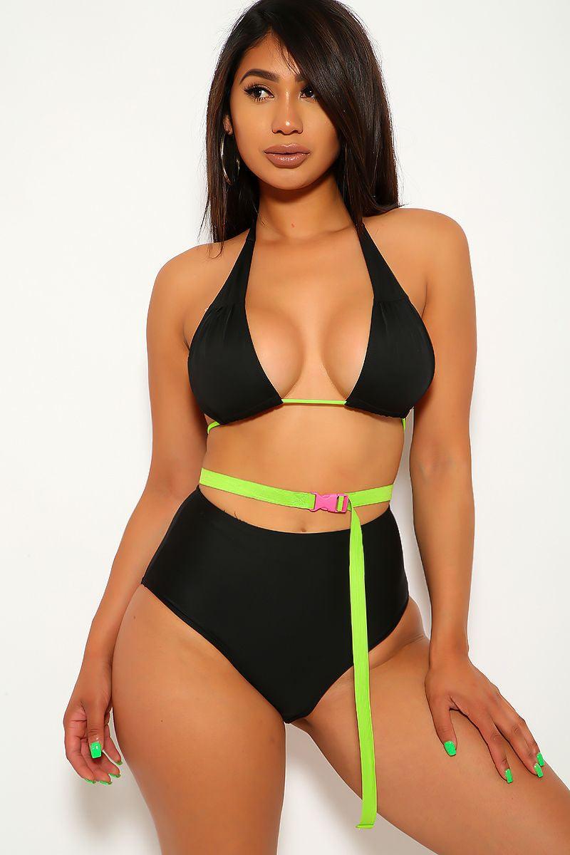 Black Neon Pink Belted Two Piece Swimsuit