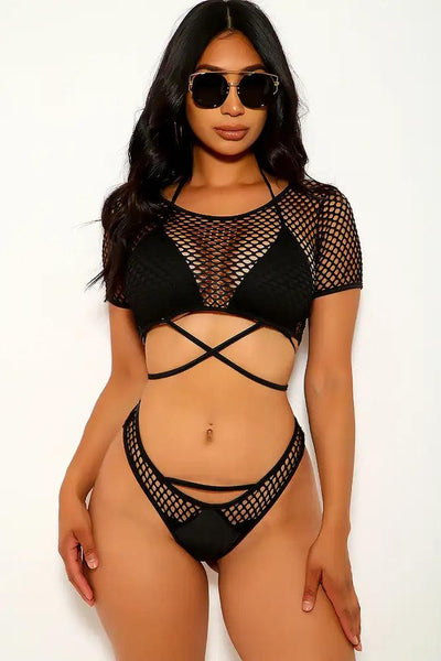 Black Netted Accent 4 Piece Swimsuit Set - AMIClubwear