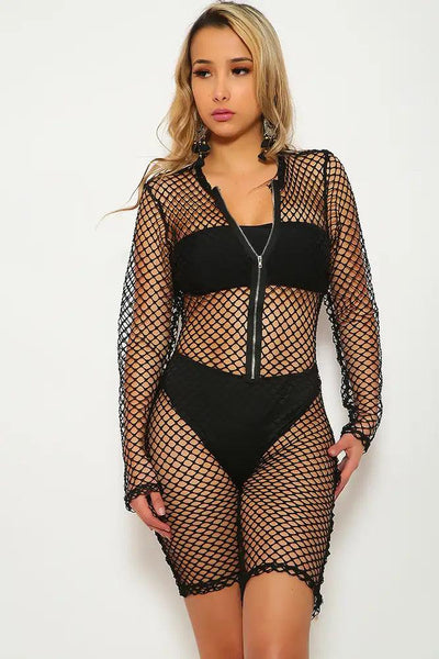 Black Netted Long Sleeve Romper - AMIClubwear