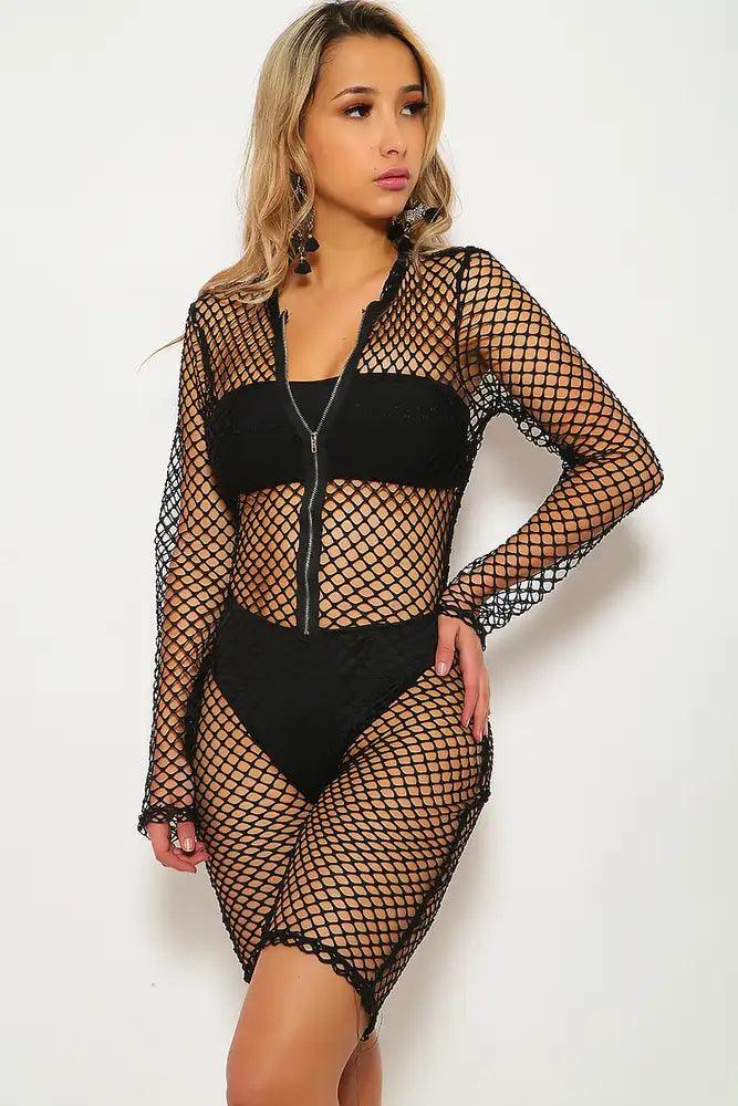 Black Netted Long Sleeve Romper - AMIClubwear