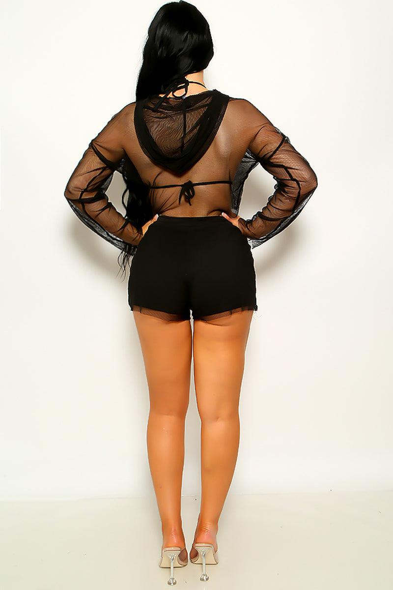 Black Netted Mesh Hooded Crop Top 2 Pc Shorts Set - AMIClubwear