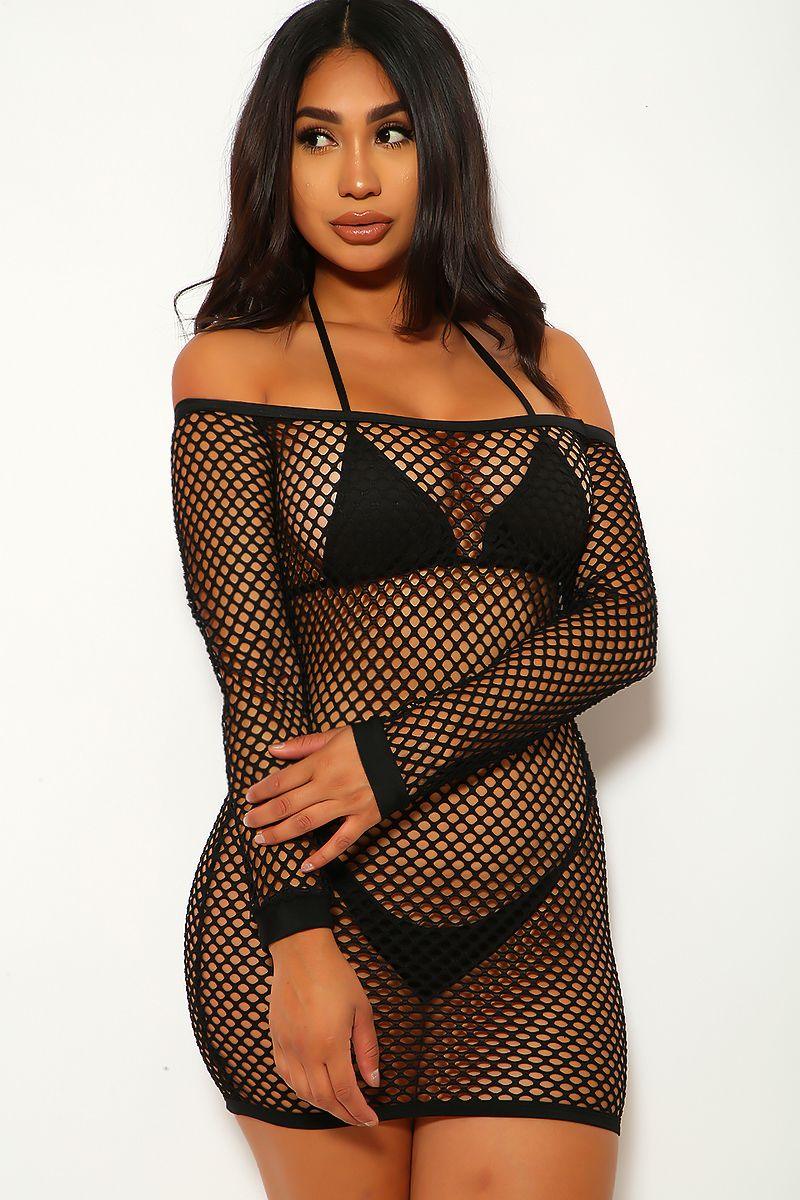 Black Netted Off The Shoulder Three Piece Swimsuit Set - AMIClubwear