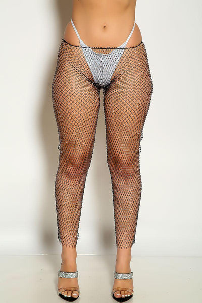 Black Netted Rhinestone Accent Pants - AMIClubwear