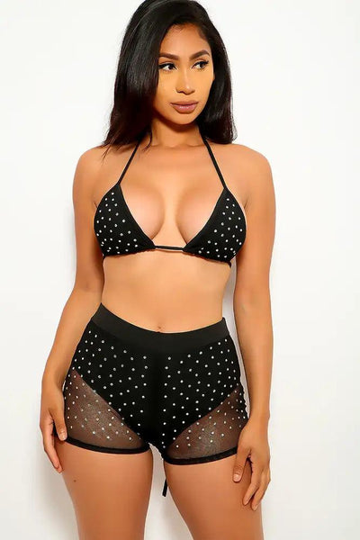 Black Netted Rhinestone Detail Two Piece Outfit - AMIClubwear