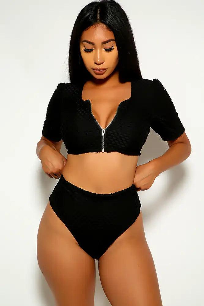 Black Netted Short Sleeve Plus Size Swimsuit - AMIClubwear