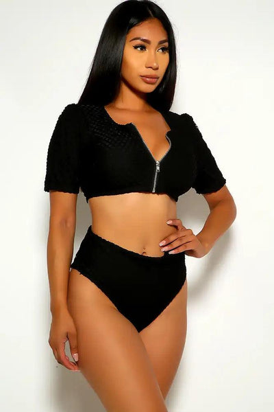 Black Netted Short Sleeve Plus Size Swimsuit - AMIClubwear