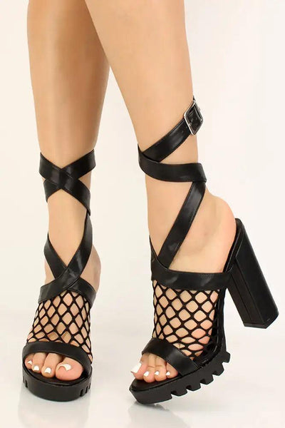 Black Netted Strappy Chunky High Heels - AMIClubwear