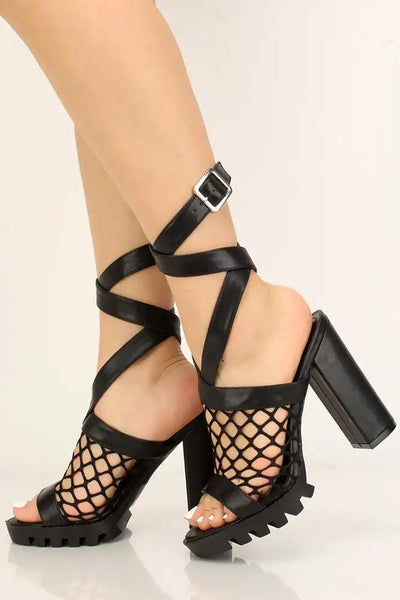 Black Netted Strappy Chunky High Heels - AMIClubwear