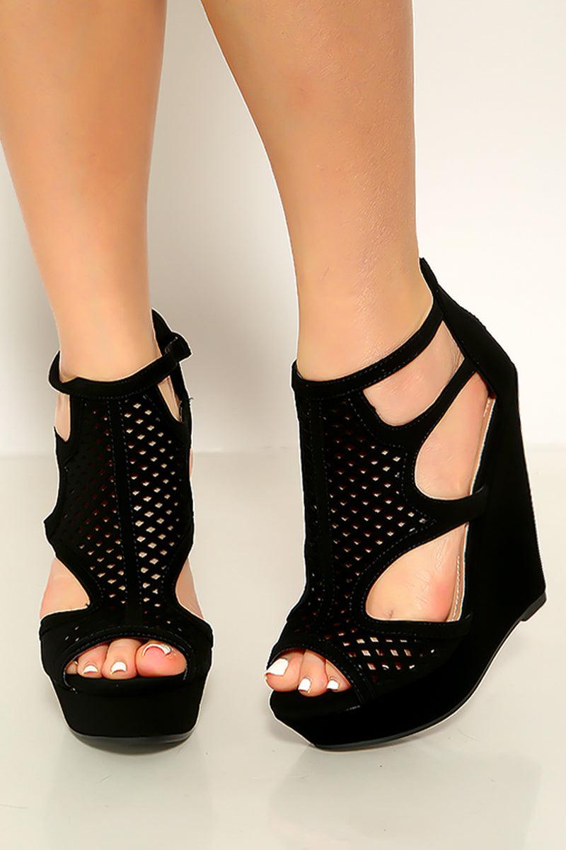 Black Nubuck Ankle Buckle Strap Platform Wedges - AMIClubwear