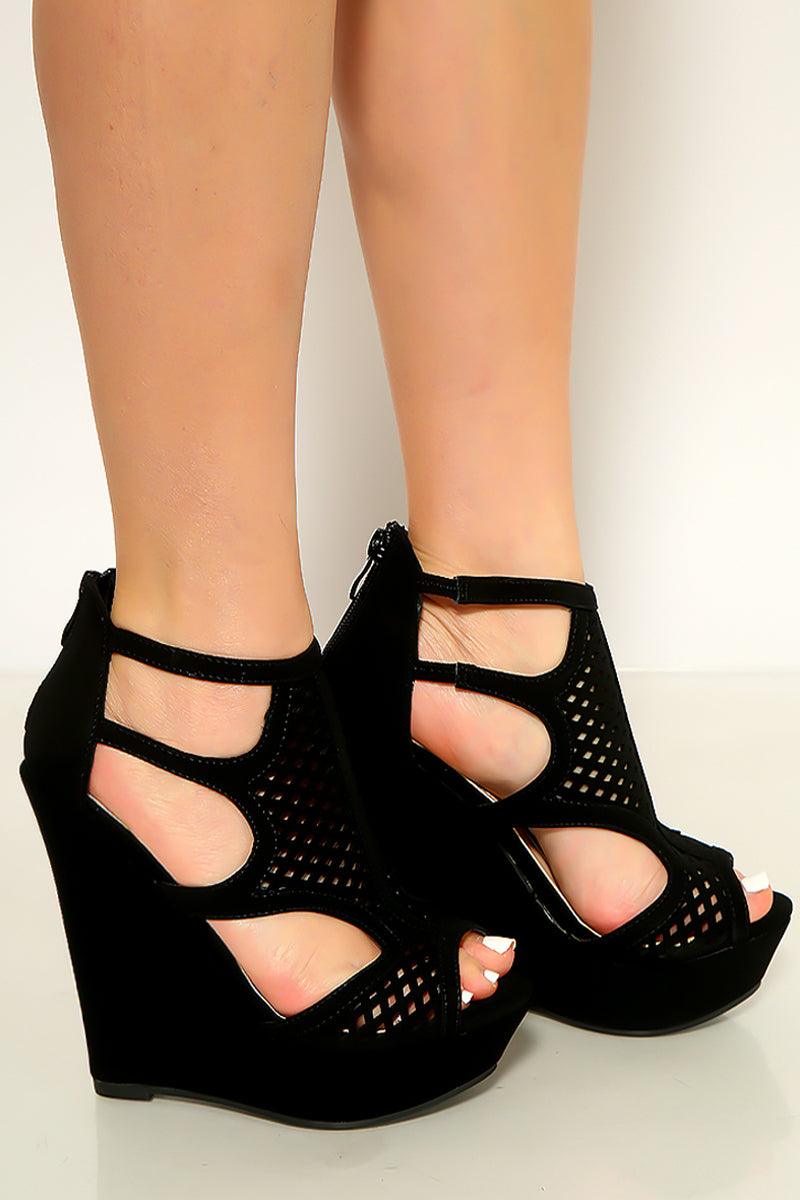 Black Nubuck Ankle Buckle Strap Platform Wedges - AMIClubwear