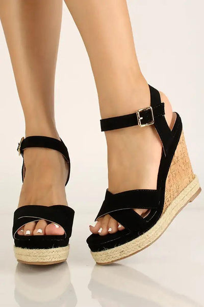 Black Nubuck Cork Espadrille Wedges - AMIClubwear