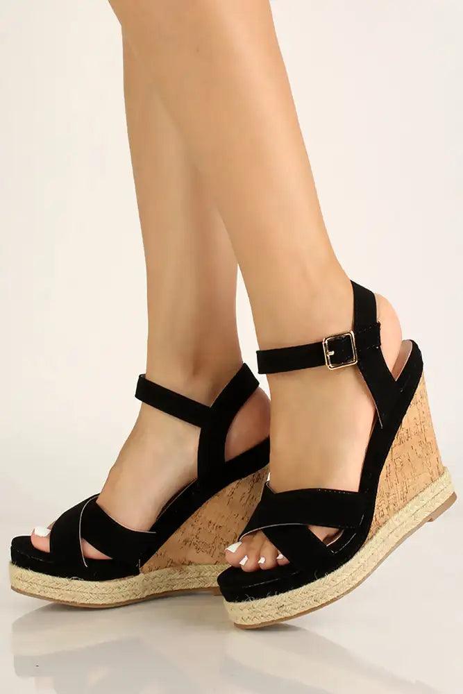 Black Nubuck Cork Espadrille Wedges - AMIClubwear