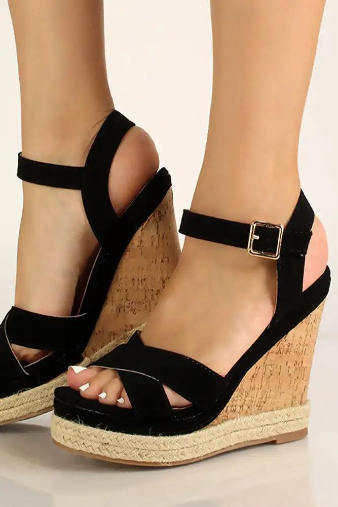 Black Nubuck Cork Espadrille Wedges - AMIClubwear