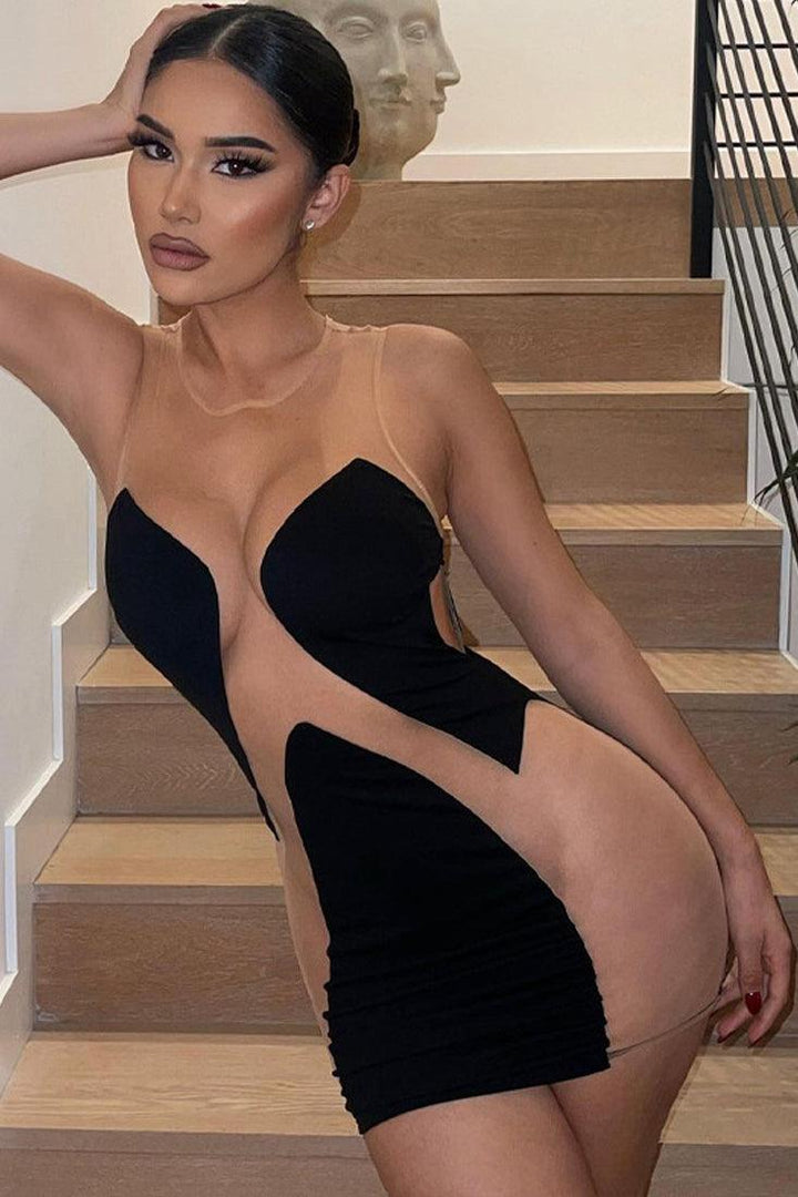 open lace back dress Black Nude Mesh Mini Design Detail Sexy Party Dress – AMIClubwear