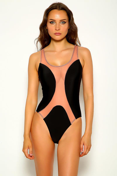 Black Nude Mesh Sleeveless Sexy One Piece Swimsuit - AMIClubwear