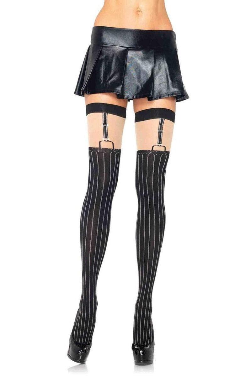 Black Nude Pinstriped Suspender Thigh Highs - AMIClubwear