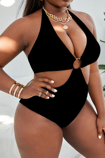 Black O-Ring Halter One Piece Plus Size Swimsuit - AMIClubwear