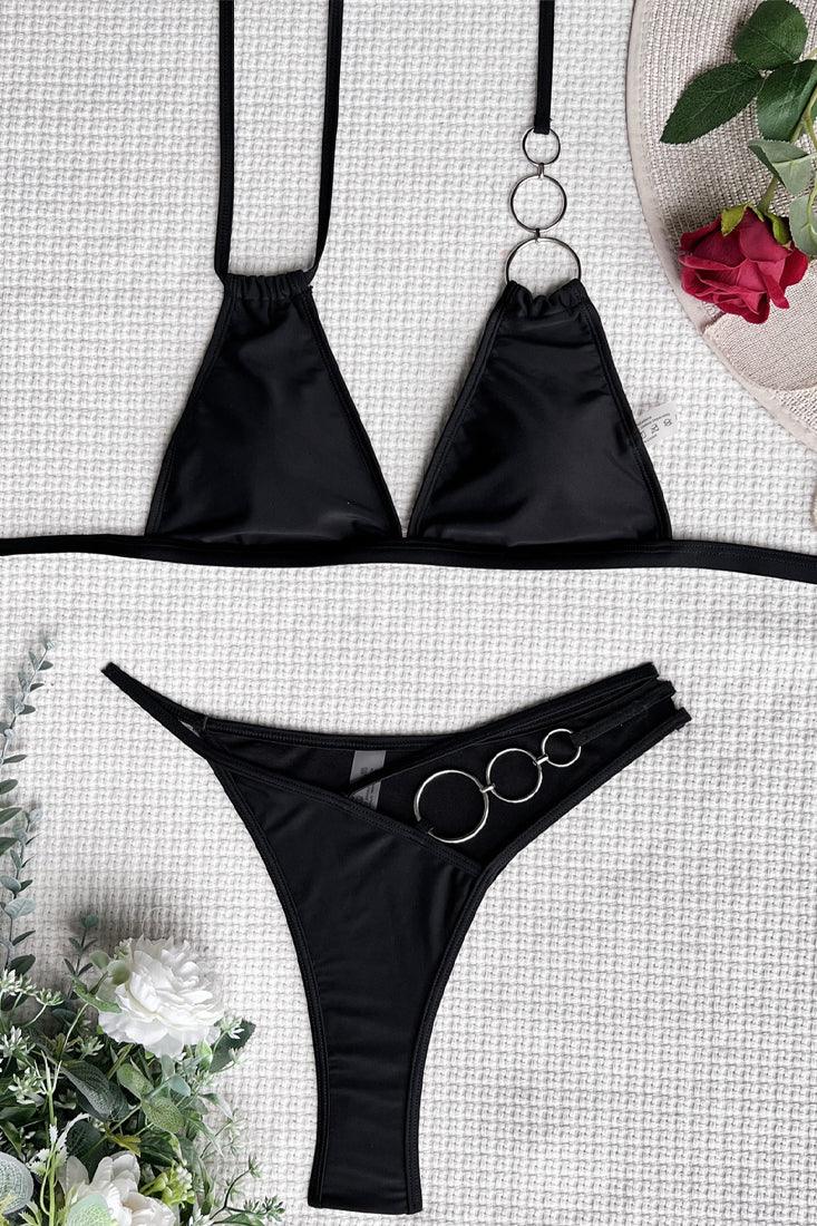 Black O-Ring Linked Strappy V-Cut 2 Pc Swimsuit - AMIClubwear