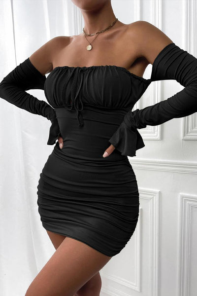Black Off Shoulder Backless Flounce Sleeve Ruched Party Dress - AMIClubwear