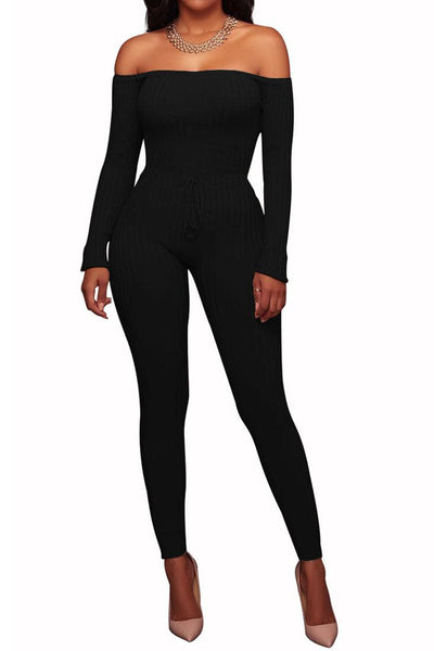 Black Off Shoulder Ribbed Sexy Jumpsuit - AMIClubwear