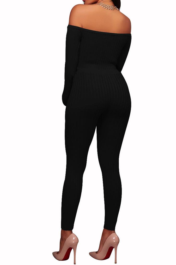 Black Off Shoulder Ribbed Sexy Jumpsuit - AMIClubwear