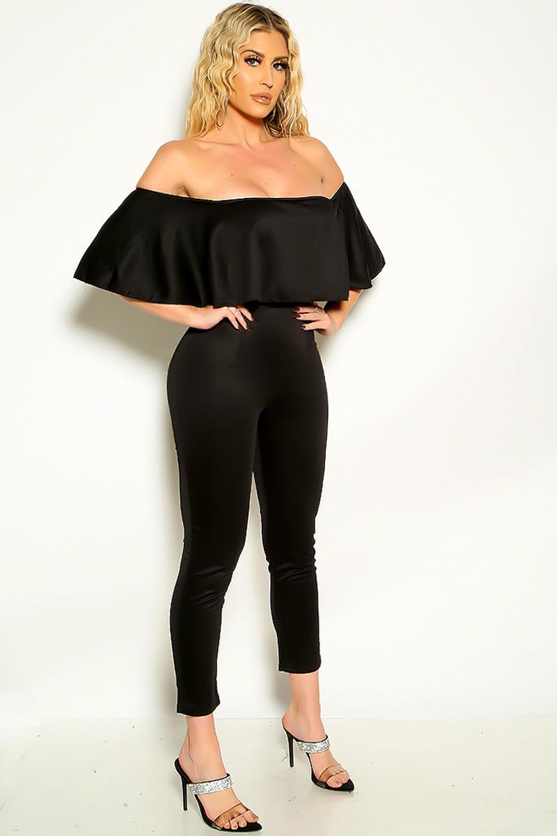 Black Off Shoulder Ruffle Trim Zip Up Sexy Jumpsuit - AMIClubwear