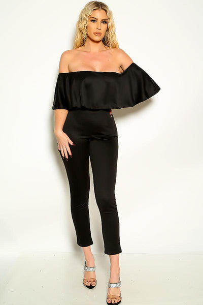 Black Off Shoulder Ruffle Trim Zip Up Sexy Jumpsuit - AMIClubwear