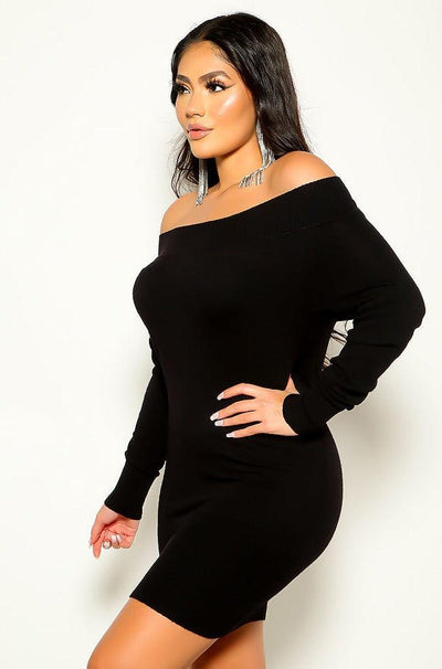 Black Off Shoulder Sweater Dress - AMIClubwear