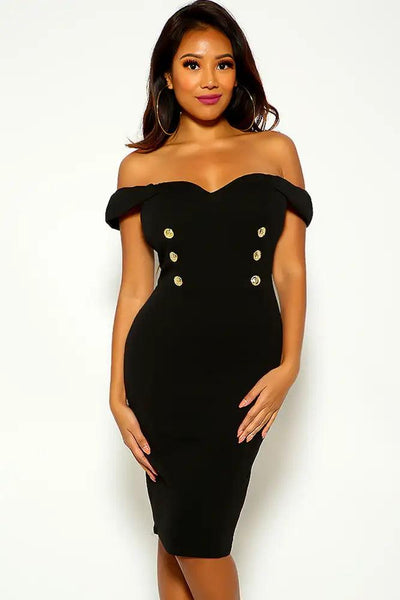 Black Off The Shoulder Button Detail Party Dress - AMIClubwear